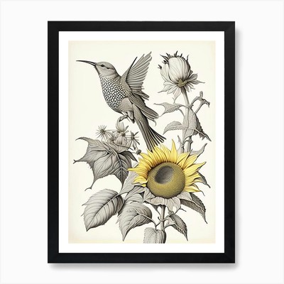 Kolibri und Sonnenblume Vintage B gerahmtes Wandbild Poster Leinwanddruck Bild