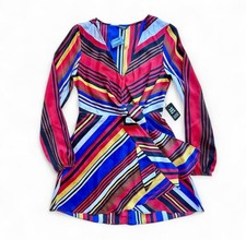NWT Express Red Colorful Striped Tie Front Faux Wrap Dress Size S Long Sleeve