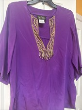 Bob Mackie Wearable Art Small Beaded 100 Silk Split Sleeve Purple Tunic Blouse