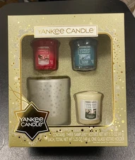 NIB YANKEE CANDLE Cristmas Gift Set 3 Votive Candles with Glass Holder