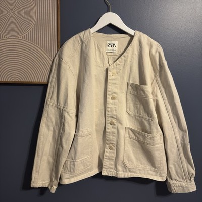 Zara Women s XL Cream Collarless Utility Chore Jacket 100% Cotton Button Front