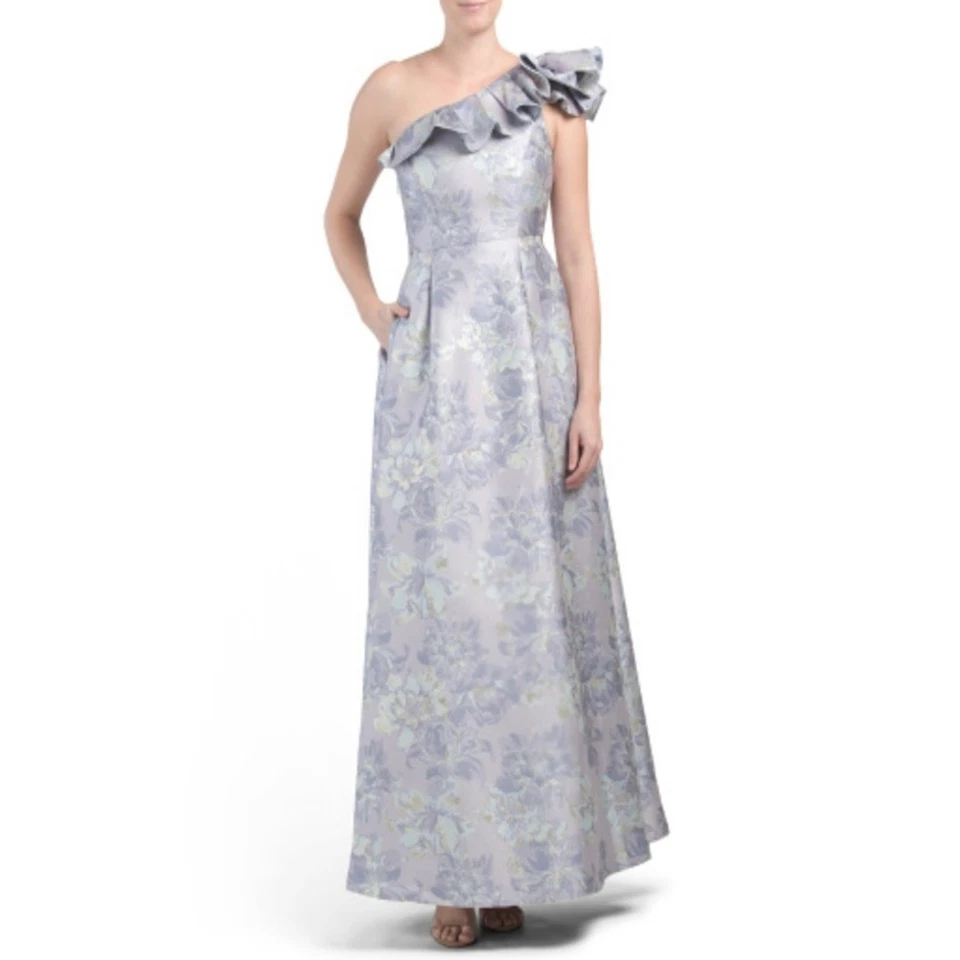 NWT $229 Marina Women's One Shoulder Floral Jacquard Metallic Maxi Gown, Sz 8 - Image 3 of 4