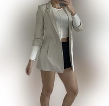Rachel Zoe Blazer Women Size S Cream Houndstooth Ruched Sleeve Open Front Jacket