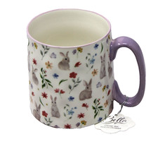 10 SS Bella BUNNIES AND FLOWERS Lavendar Easter Ceramic Mug - NEW
