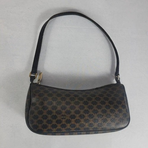 CELINE Triomphe Macadam Brown Leather Shoulder Bag Gold Hardware Auth