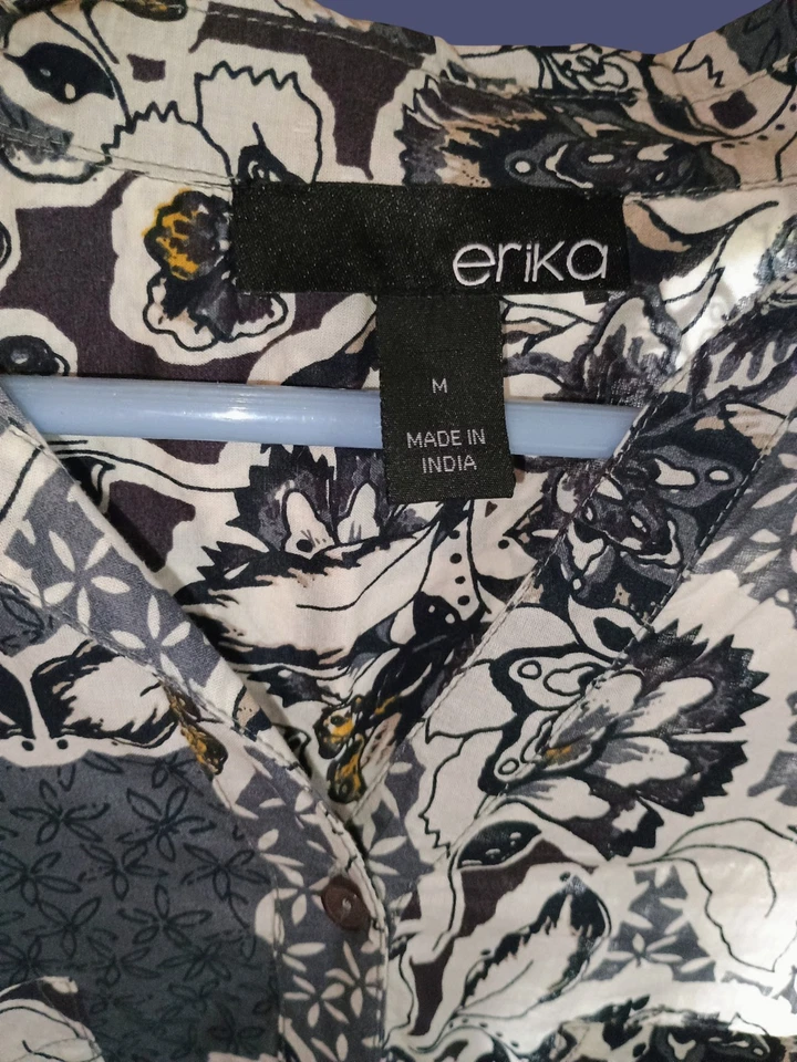 Women’s Erika Medium Linen Blouse Gray White 3/4  Sleeves 1/4 Button Down Floral - Image 2 of 3