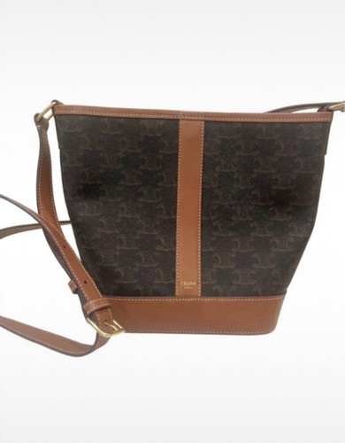 Authentic CELINE Triomphe Canvas Bucket Bag Leather Trim Shoulder Bag Tan/Brown