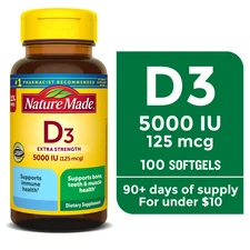 Nature Made Extra Strength Vitamin D3 5000 IU (125 mcg) Softgels, 100 Count, 1PK