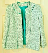 Kasper Woman Separates Open Front Green Trim Multicolor Tweed Look Jacket Sz 10