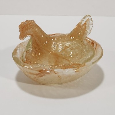 Peach Amber Swirl Glass Miniature Hen on Nest Salt Cellar Trinket Dish