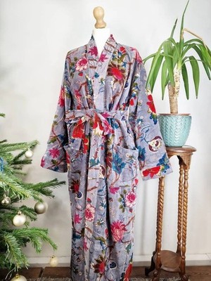 Indian Grey Floral Kimono Velvet Kimono Robes Nightgown Bridal Night Kimono US