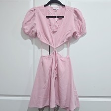 Nwot - Edit By Nine - M Blush Pink Cutout Puff Sleeves Linen Blend Mini Dress 