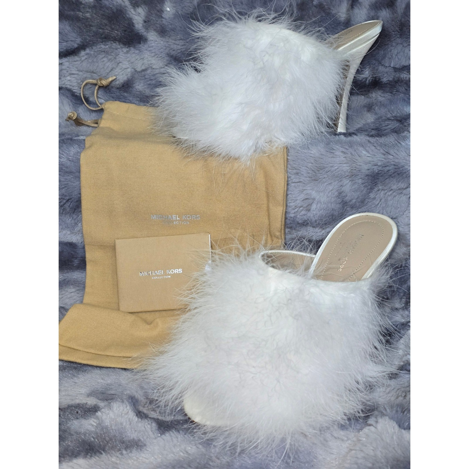 NWB Michael Kors Collection Charmaine Feathers Satin Mules Optic White 36 US 6