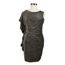 Vince Camuto Women's Cocktail Dress Size 16 Gold Metallic Ruffled Party Sheath
