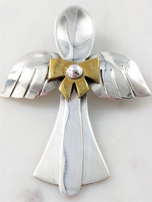 Vintage Sterling Silber geflügelter Engel Löffel Gold Schleife Anhänger Brosche 17 Gramm