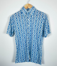 70s Geometric Pattern Shirt Men's 15.5 / Medium Blue Stretchy Polyester Disco