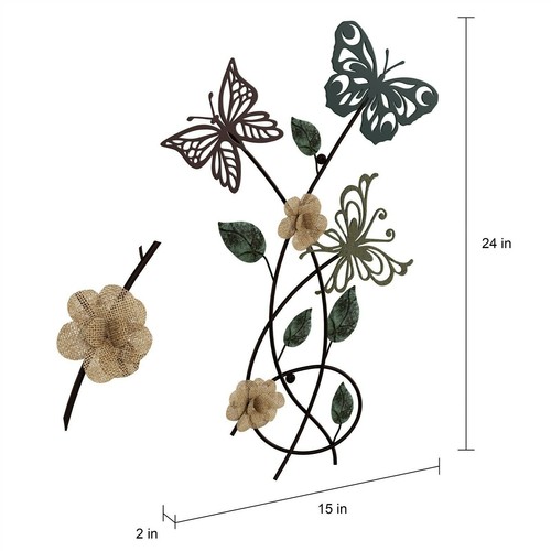 Metal Butterfly Wall Decor Painted 15 x 24 Inch Flower Leaf Hanging Sculpture - Picture 3 of 5