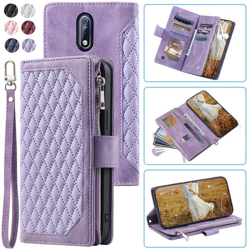 Luxury Rhombic Leather Wallet Case Zipper Flip Card Phone Case For Nokia 7 plus - Picture 4 of 44