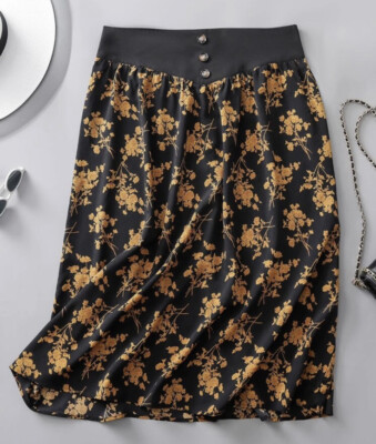 Shein Skirt Womens Plus 2XL 16 Black Gold Floral Print Button - Main Image