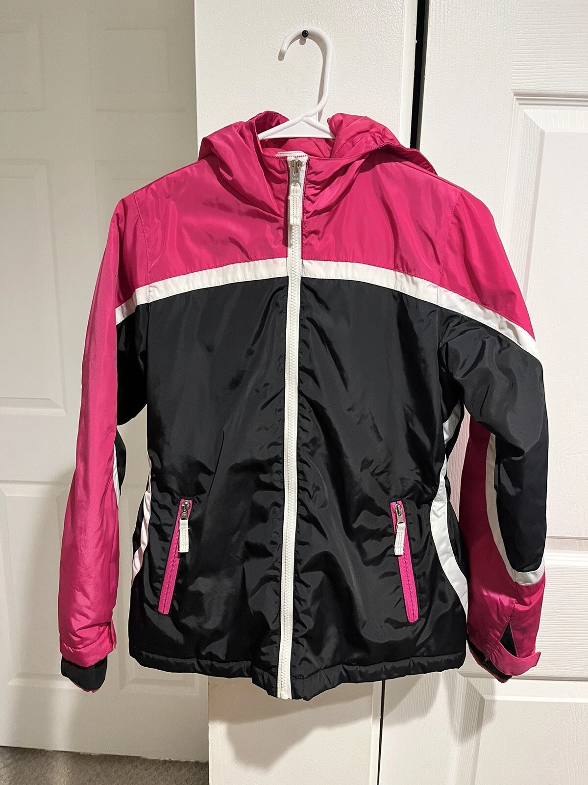 Lands End Girls size 10-12 Hooded Zip up Pink/Black puffer Jacket