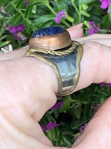 Bohemian Blue Lapis Ring Brass Copper Silver Metal Brutalist Vintage Statement I - Picture 12 of 13