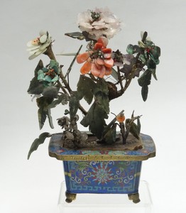 ANTIQUE QING CHINESE CLOISONNE PLANTER WITH JADE FLOWER TREE
