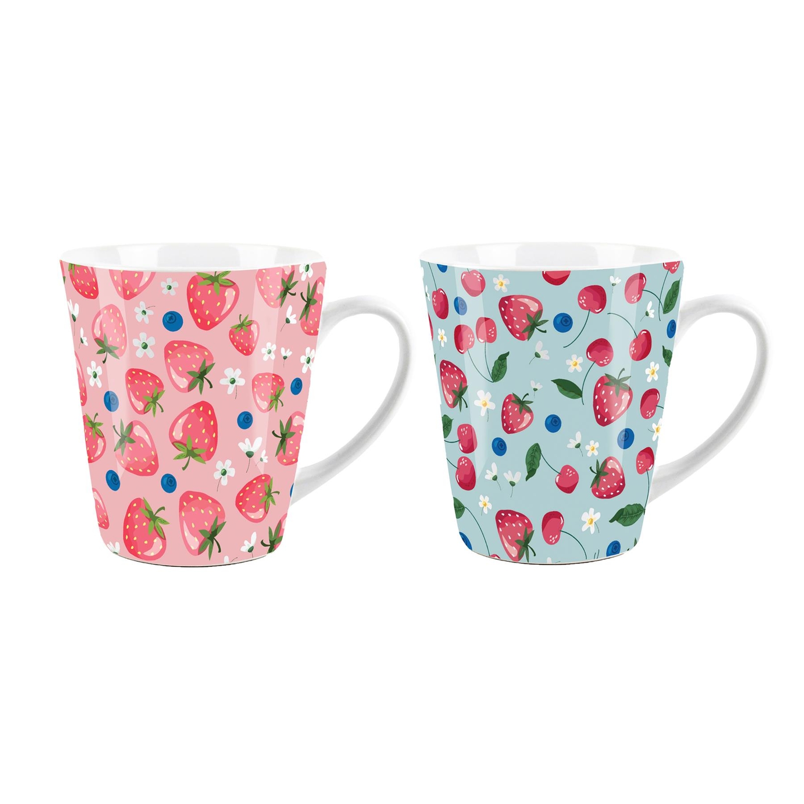 Fruit Latte Mugs - Strawberries & Cherries Novelty Coffee Cup Gift - Set of 2