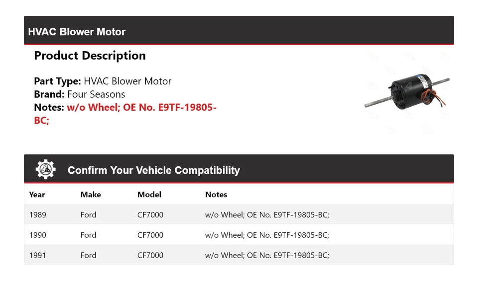 For 1989-1991 Ford CF7000 HVAC Blower Motor 4 Seasons 1990 - Image 2 of 4
