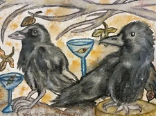 Crow Drinking a Martini ACEO Pop Art Cart Print 2.5 x 3.5 Signed by Artist KSams