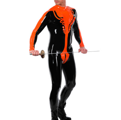 Latex Gummi Catsuit Gummi Schwarz Orange Jumpsuit Cosplay Bodysuit 0.4mm S-XXL