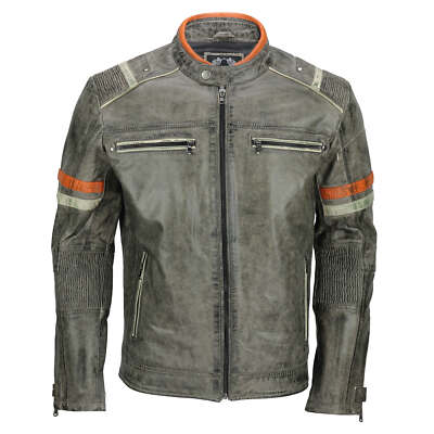 ジャケット・アウター vintage grey leather motor cycle coat Men's Real Leather Biker Jacket Vintage Grey Distressed Retro