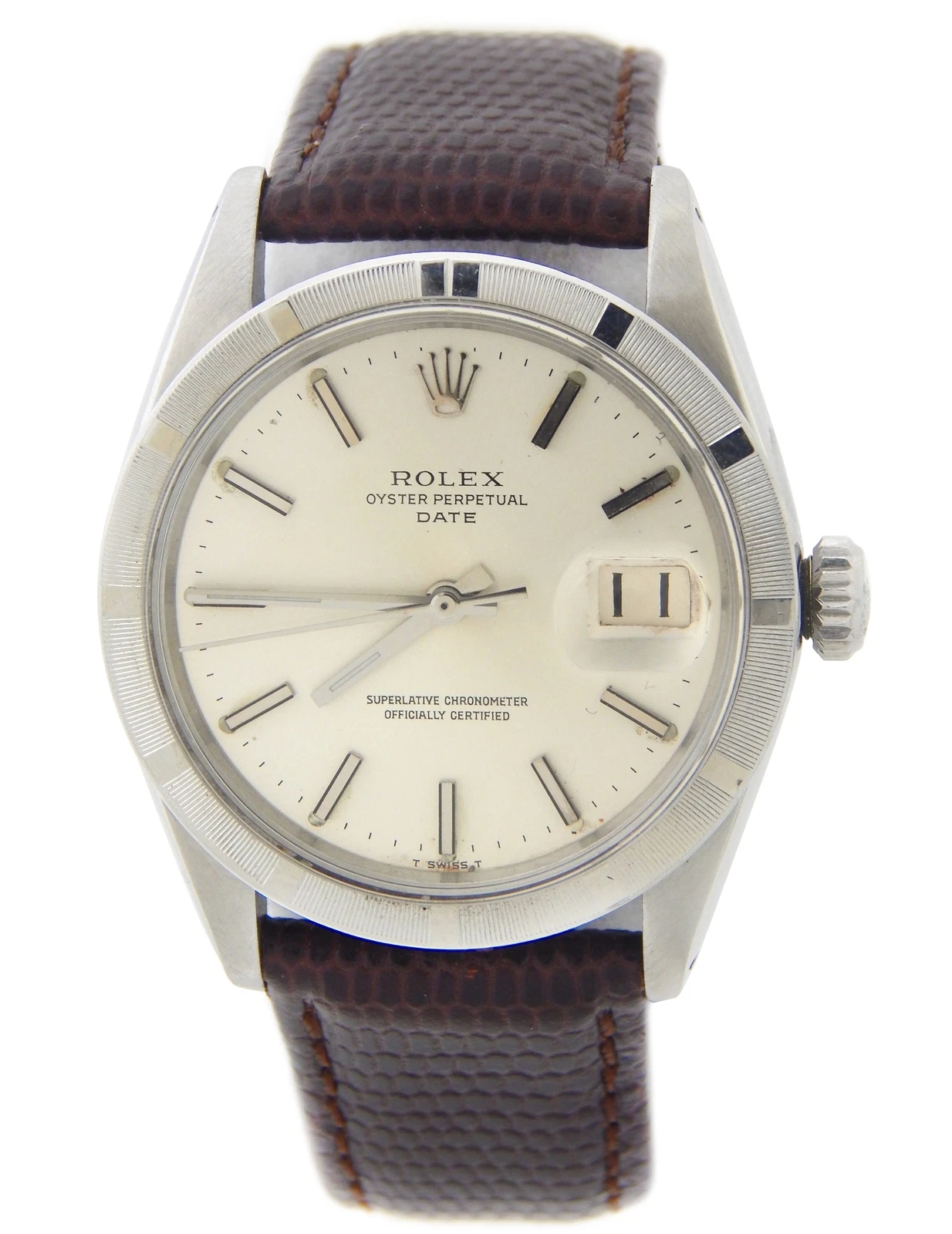 Rolex — Rolex Date 1501 Vintage Men Stainless Steel Watch Brown Leather Band Silver Dial