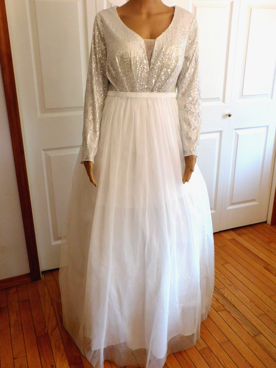 New White Sequin Bodice Polyester Mesh A-Line Spaghetti Straps Wedding Dress  XL | eBay