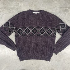 Vintage Grandpa Knit Sweater Medium Purple Crewneck Pattern 90s