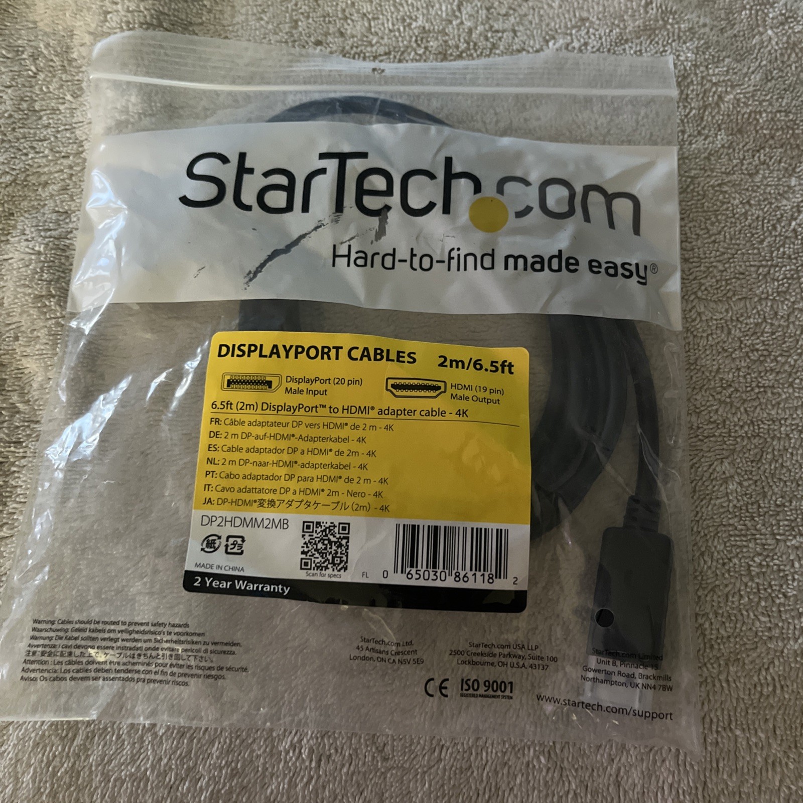 StarTech DisplayPort To 4K HDMI Cable 2m (6.5ft) (DP2HDMM2MB)