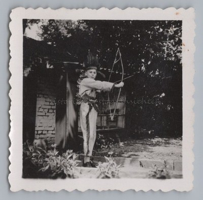 Boy Dressed as Indian with Bow and Arrow 1949 Costume Vintage Photo 1940s