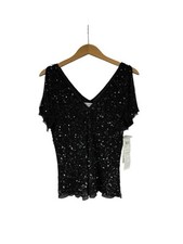 Papell Boutique Evening 100 Silk Black Flutter Sleeve Fully Beaded Top M Petite