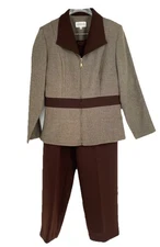 Studio I Womens 12 Pants Suit Two Toned Brown Full Zip Jacket With Pant Business
