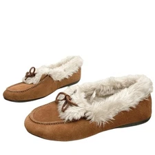 Vionic Moccasins Slippers Shoes sz 9 Juniper Suede Faux Fur lined Brown