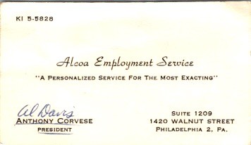 Alcoa Employment Service Business Card 1960s Philadelphia Executive Search
