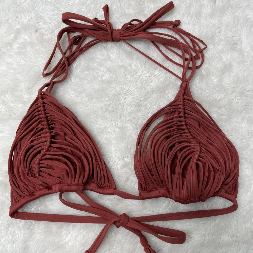 Top de natación de bikini triángulo trenzado isla marrón talla grande PilyQ para mujer Foto 2 de 4