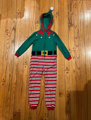 Cat & Jack Green Red Christmas Elf One Piece Hooded Sleepwear Kids Pajamas 6