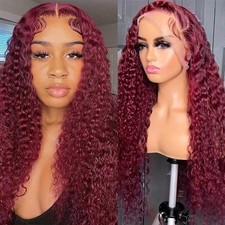 Nsvnsv 99J Burgundy 13x6 Deep Wave Human Hair Lace Front Wig 180 Density