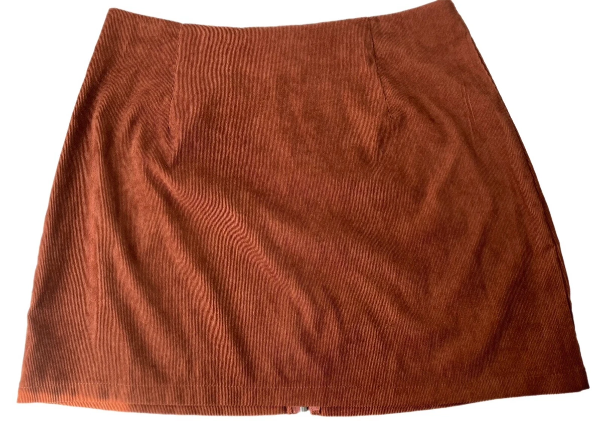 Womens Corduroy Skirt Brown Tan Silver Zipper Short Mini Western A Line Shein XL
