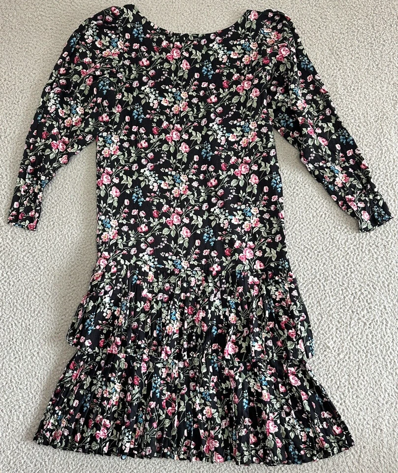 Винтажный Eileen West макси платье sz 8 цветочный плиссированные Midi черный контраст 80-х - Изображение 2 из 4