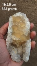 Yellow fluorite balls with calcite on quartz matrix base # 382