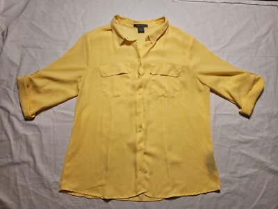 Suzy Shier Blouse Women's Large Yellow Button Down 3/4 Sleeve Top V-Neck Shirt