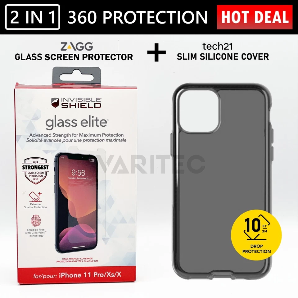 Zagg Glass Screen Protector + Tech21 Gel Case Back Cover for Apple iPhone 11 Pro - Image 1 of 1