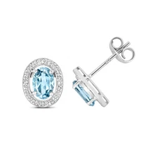 9ct White Gold Aquamarine and Diamond Cluster Oval Earrings (267)