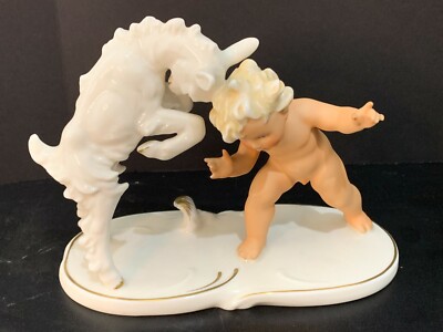 Schaubach Kunst Germany Baby Boy Child Playing with Goat Figurine 6'' High